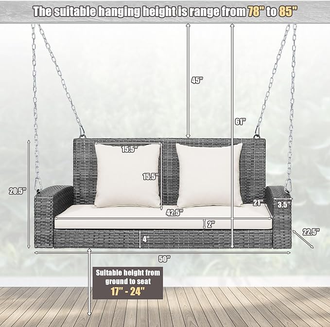 RELAX4LIFE 2-Person Porch Swing Bench - PE Rattan Outdoor Swing Chair with Comfortable Seat & Back Cushions, Rustproof Metal Chains, Patio Loveseat Swing for Balcony, Garden, Yard, 800 LBS (Off White)