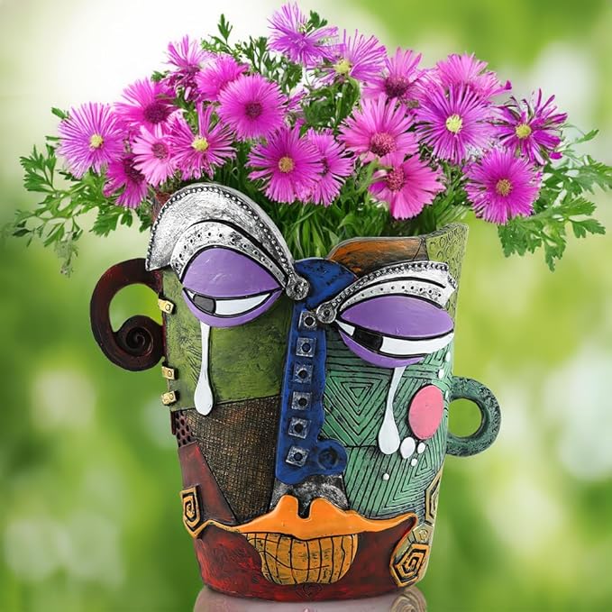 Picasso Brutalist Abstract Face Planter - Head Ornament Flower Pot Container - Colorful Art Resin (Picasso's Tearful Flowerpot)