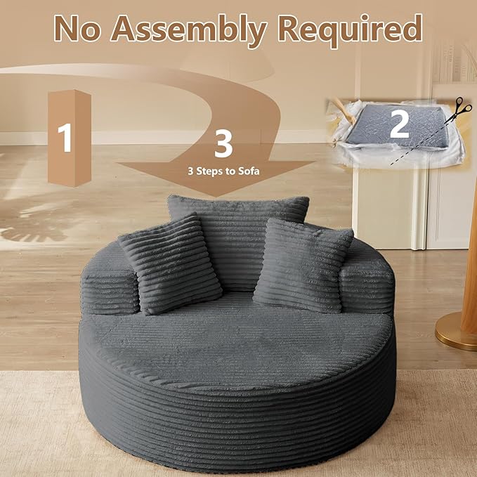 Oversized Round Chair Lounge Chaise Indoor, Upholstered Corduroy Deep Seat Cloud Large Circle Sofa Chair, No Assembly Required, Fluffy Modern Sleeper Sofa Bed for Reading, Living Room, Bedroom, Gray