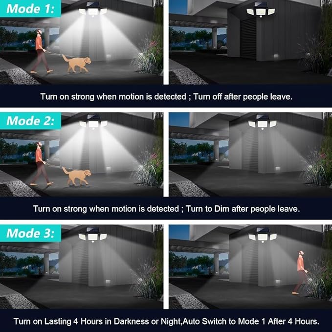 Tuffenough Solar Outdoor Lights 2500LM 210 LED Security Lights with Remote Control,3 Heads Motion Sensor Lights, IP65 Waterproof,270° Wide Angle Flood Wall Lights with 3 Modes(4 Pack)