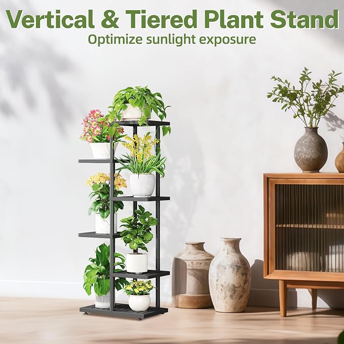 iDavosic.ly Plant Stand Indoor Outdoor, 5-Tier Tall Metal Flower Shelf for Heavy-Duty Large Planters, Corner Orchid Display Rack for Living Room Balcony Patio Porch, Space Saving, Modern Black