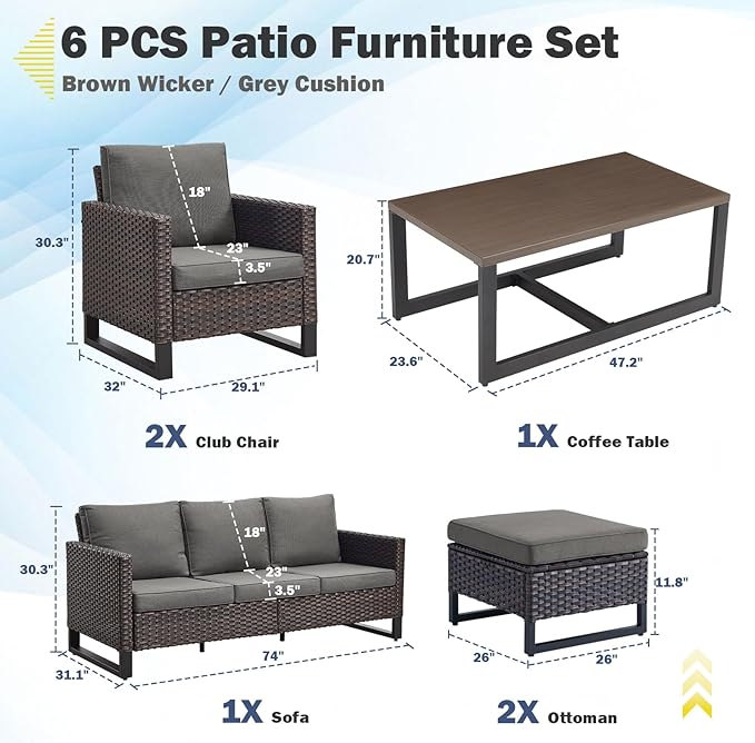Belord 6 Piece Outdoor Furniture Patio Wicker Sofa Set, Oversize Outdoor Dining Chairs with Rattan Ottomans, Conversation Sets Patio Furniture Come with Removable Washable