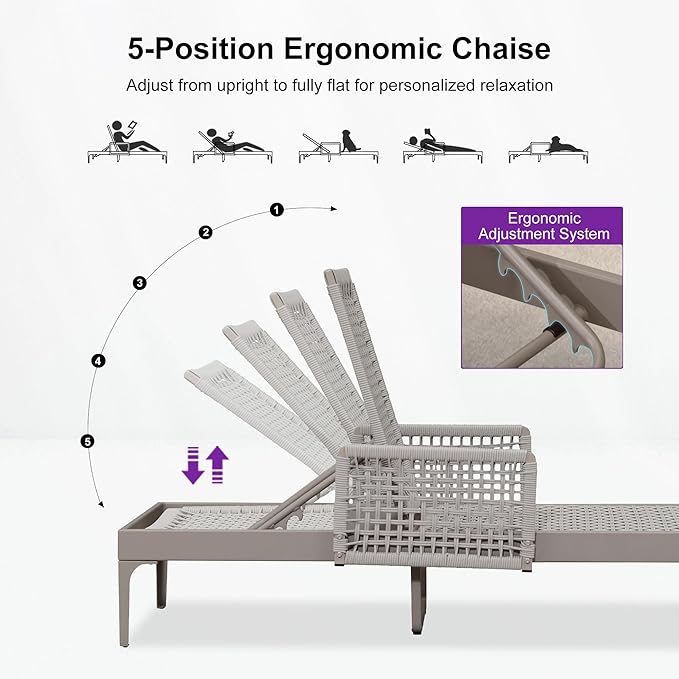 PURPLE LEAF 1 Piece Outdoor Chaise Lounge Rattan Wicker Lounger with Arms Poolside Furniture Adjustable Recliner Patio Lounge Chair for Beach Yard Garden Balcony, Champagne