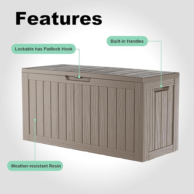 90 Gallon Outdoor Storage Box - Deck Box Container for Patio, Pool, and Garden-Waterproof and UV Resistant Resin,Lockable (Grey)