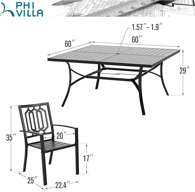 PHI VILLA 9 Pieces Outdoor Dining Set for 8, 60" Black Square Metal Table with Umbrella Hole & Stackable Wrought Iron Chairs, Large Outside Furniture Set for Patio, Deck, Yard, Porch