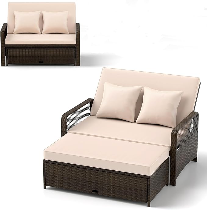RELAX4LIFE Wicker Patio Outdoor Daybed - Rattan Sunbed Loveseat Sofa Set w/4-Level Adjustable Back, Cushions & Pillows, Storage Ottoman, 2-Person Bed Lounger for Backyard Porch, Patio Daybed (Beige)