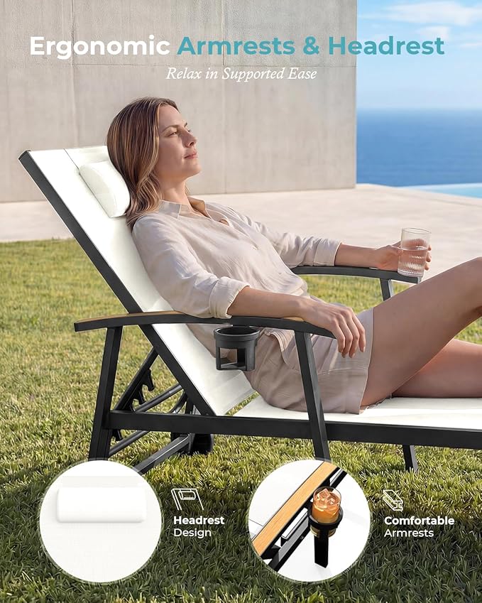 Ciokea Outdoor Lounge Chair with Pillow, 5-Position Aluminum Chaise Lounge with Wheels & Armrests, 400 lbs Heavy Duty Patio Pool Chair for Deck, Backyard, Beach & Poolside, White