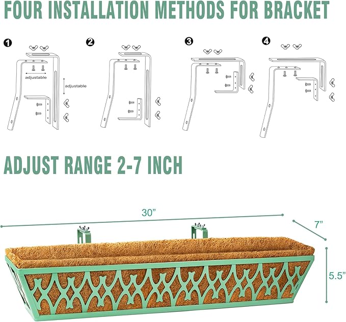 6 Pack 30 Inch Window Boxes Planters Railing Planter Box with Adjustable Brackets for Porch Fence Patio Balcony Hanging Flower Baskets with Coco Liners for Outdoor Garden Decor - Green