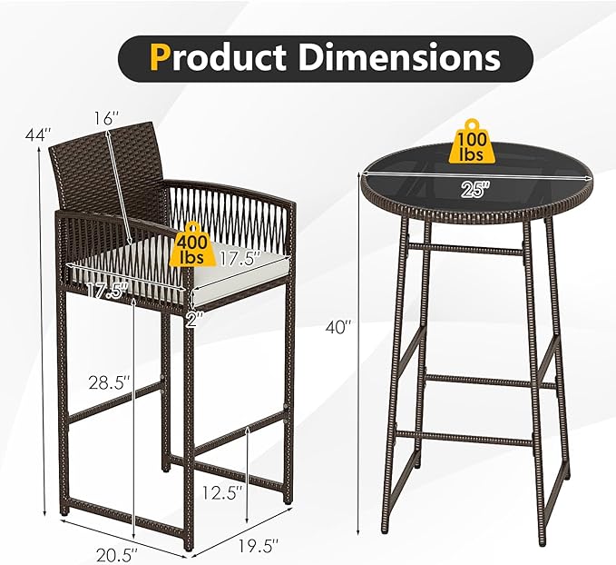 Tangkula 3 Piece Patio Bar Set, Outdoor Wicker Bar Height Glass Top Table & 2 Cushioned Bartools Heavy Duty, for Backyard, Poolside, Porch