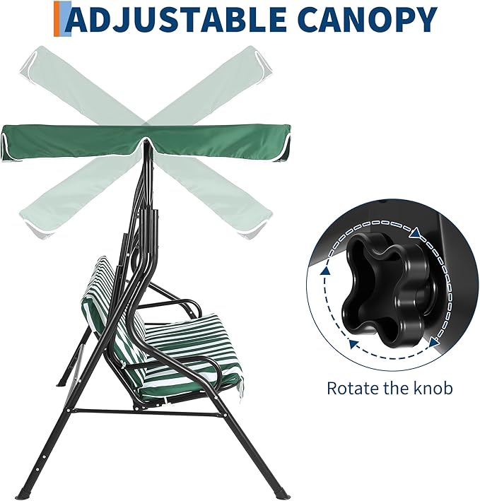 Outdoor Porch Swing Chair with Adjustable Canopy & Striped Seat Cushion for Adults 3-Seat Patio Glider Bench with Thick Cushions Steel Frame Outdoor Swing Chair for Backyard Lawn Garden Green