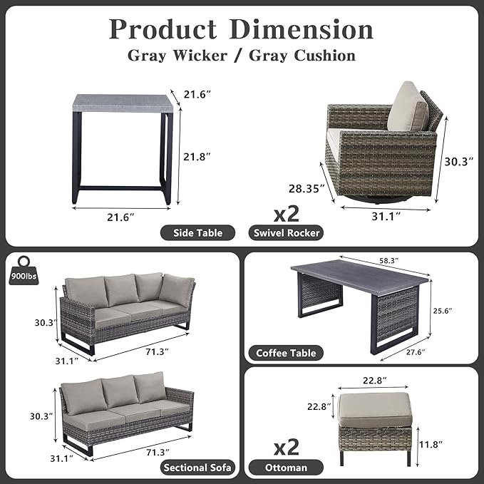 Belord Patio Sectional Furniture Set with Coffee Table: 8 Pieces Wicker Patio Conversation Set with L Shaped Sofa, Outdoor Swivel Glider Rocker, Rattan Ottomans, Removable
