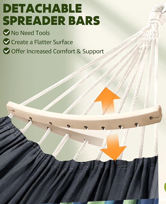Chihee Hammock for Stand 9.8ft x 4.9ft Soft Cotton Hammock Holds Up to 660lbs Portable Tree Hammocks with Detachable Spreader Bar Pillow 2 Strong Webbings 2 Carabiners Patio Garden Indoor Outdoor