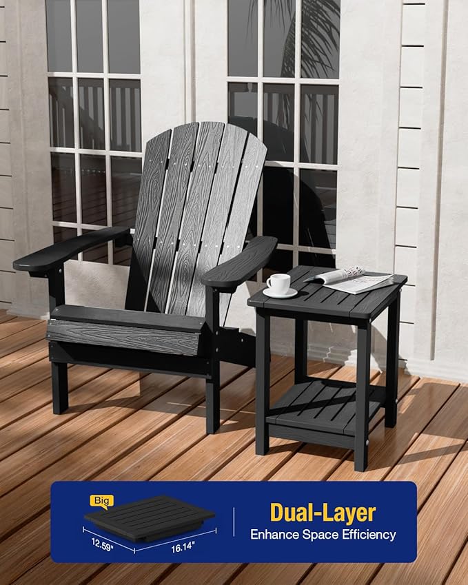 YEFU Outdoor Side Table for Patio: 16" HIPS Weather - Resistant Adirondack Tables - Waterproof Small Square End Tables for Backyard Pool Porch Balcony - Indoor Outdoor Double Layer Table Black