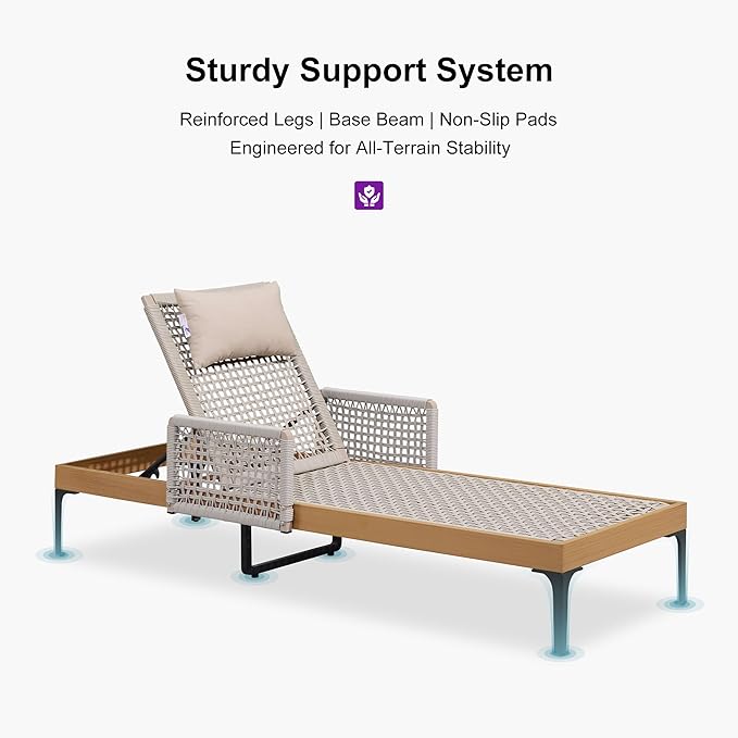PURPLE LEAF 3 Pieces Outdoor Chaise Lounge Set Rattan Wicker Lounger with Arms Poolside Furniture Adjustable Recliners Patio Lounge Chairs for Beach Yard Garden Balcony,Teak