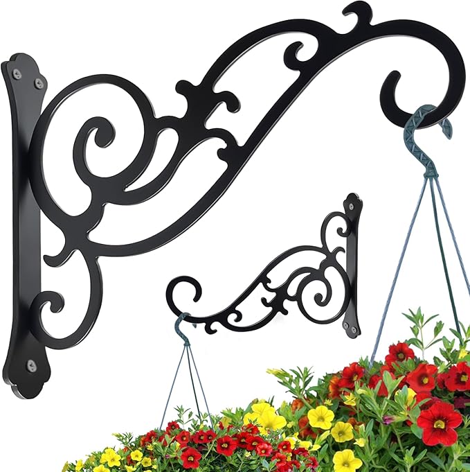 Hanging Planter Hooks 2 Pcs,Outdoor Hanging Brackets Wall Hook Heavy Duty Brackets,Black Iron Planters Hook Indoor/Outdoor Planter Hanger Brackets (12 inch)