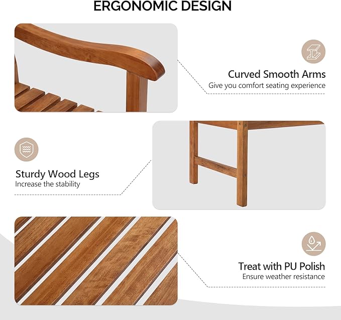 VINGLI 50" Outdoor Wood Bench, Weatehr Resistant Wooden Garden Patio Bench with Comfortable Backrest & Curved Armrest, 800lb Capacity Loveseat for Front Porch Park Yard Deck (Natural, Dense Slatted)