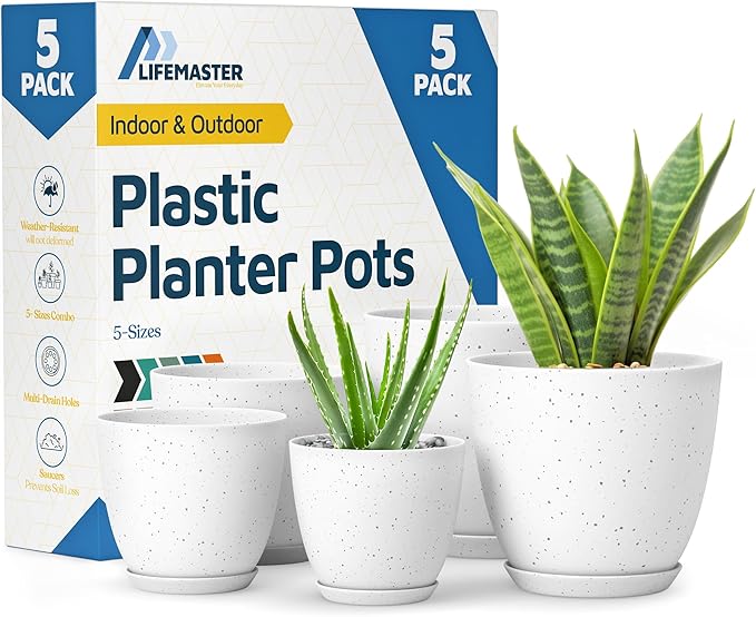 White Gray Plant Pots with Drainage Holes & Saucers 5 Pack, Indoor & Outdoor Stackable Space-Saving Planters for Houseplants & Flowers, (7", 6.7", 6", 5.3", and 4.8" Inches), Durable & Weatherproof