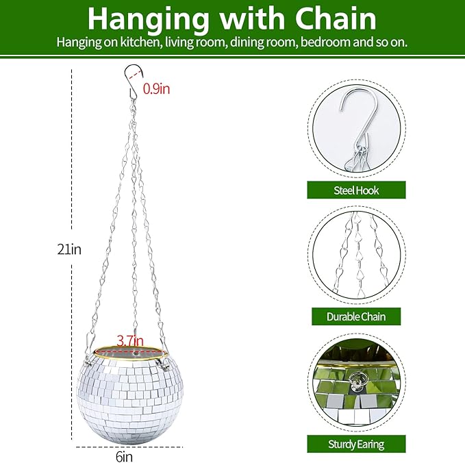 6" Disco Ball Planter, Disco Ball Plant Hanger with Hanging Rope, Hanging Chain, Hook, Circle and Extra Mirror Pieces