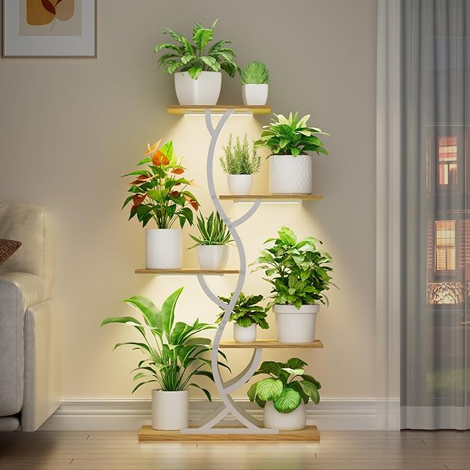Plant Stand Indoor with Grow Lights - 44" Tall Corner Plant Stands for Indoor Plants, 5 Tiered Metal Plant Shelf, Curved Plant Flower Holder Dispaly Rack for Living Room, Home Patio Balcony (White)