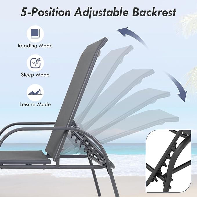 Giantex 2 Pack Patio Lounge Chair, Outdoor Chaise Lounge with 5 Adjustable Backrest, Sturdy Steel Frame, Sunbathing Recliner, Tanning Chair for Beach, Outside, Yard, Balcony, Pool Chairs (2,Dark Gray)