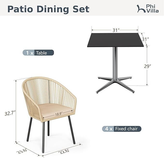 PHI VILLA 5 Pieces Outdoor Small Dining Set for 4, 31" Square Metal Pedestal Table with & Brown Wicker Chairs with Cushions, Modern Outside Dining Bistro Furniture for Patio, Deck, Backyard, Porch