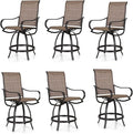 PHI Villa Outdoor Swivel Bar Stools Set of 6, Counter Height Patio Chairs with Waterproof Textile Fabric Brown, Rustproof Metal Frame & Circular Footrest for Poolside, Garden, Yard