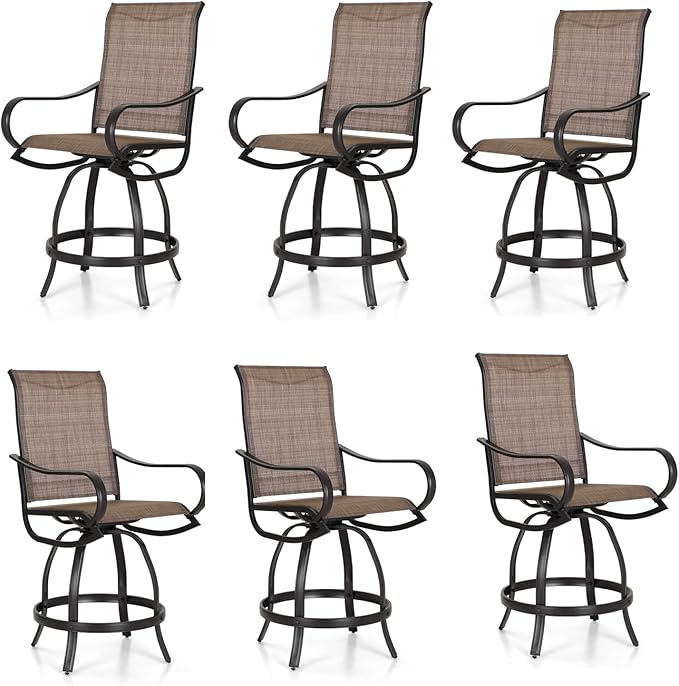 PHI Villa Outdoor Swivel Bar Stools Set of 6, Counter Height Patio Chairs with Waterproof Textile Fabric Brown, Rustproof Metal Frame & Circular Footrest for Poolside, Garden, Yard