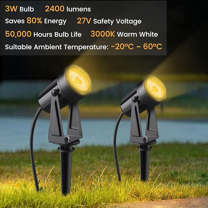 Low Voltage Landscape Lighting,8 Pack Outdoor LED Landscape Spotlights with Transformer 27V Garden Lights Pathway Lights IP65 Waterproof 3000K Warm White