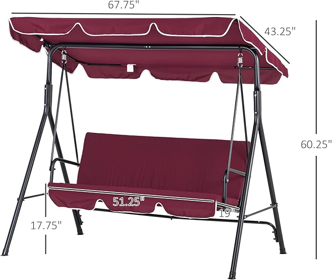 Outsunny 3-Seat Outdoor Patio Swing Chair with Removable Cushion, Steel Frame Stand and Adjustable Tilt Canopy for Patio, Garden, Poolside, Balcony, Backyard, Wine Red