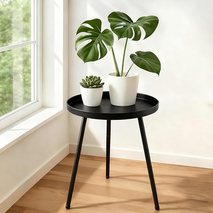 2 Pack Outdoor Side Table, 12.6" Patio Round Tables for Outside Black End Tables Small Coffee Table End Table Modern Metal Porch Plant Stands for Balcony, Indoor, Bedroom, Living Room, Small Spaces