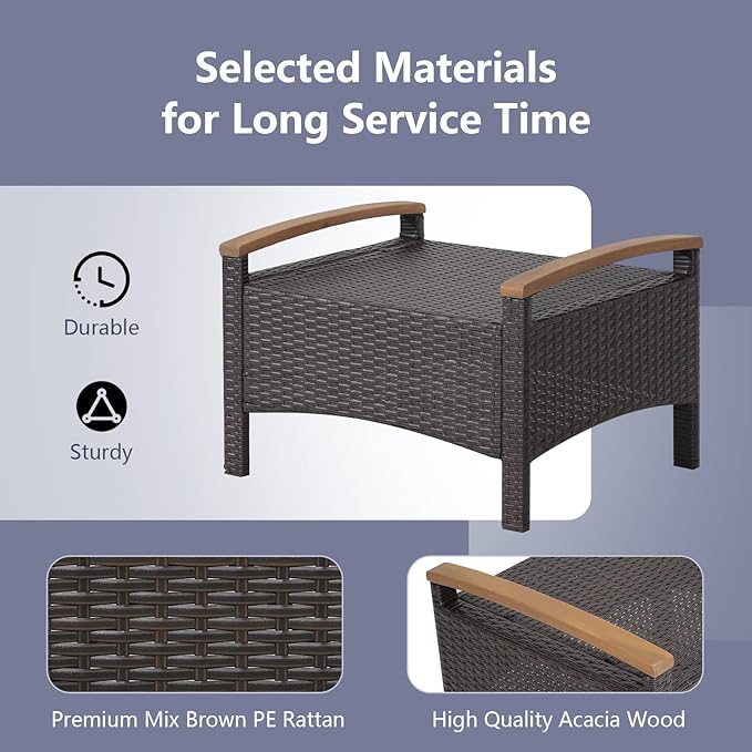 RELAX4LIFE Outdoor Wicker Ottomans for Patio - 2 Pieces PE Rattan Ottoman, Footrest Seat with Zippered Cushions, Acacia Wood Handles, 3-in-1 Footstool, Side Table for Poolside, Backyard (Navy)