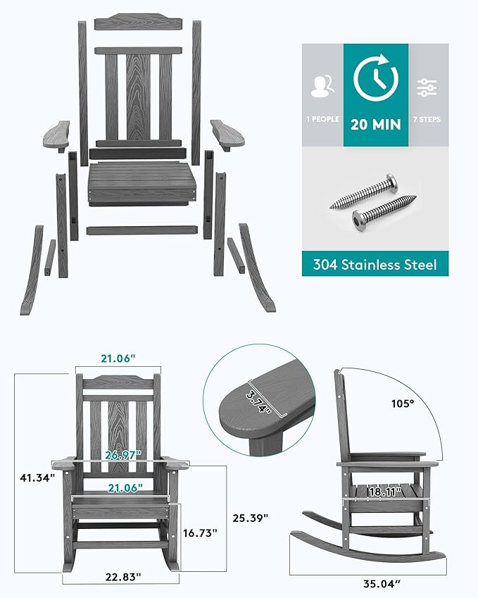 SERWALL Oversized Rocking Chair Set of 2 Outdoor, HDPE Outdoor Rocking Chair Set of 2, Grey
