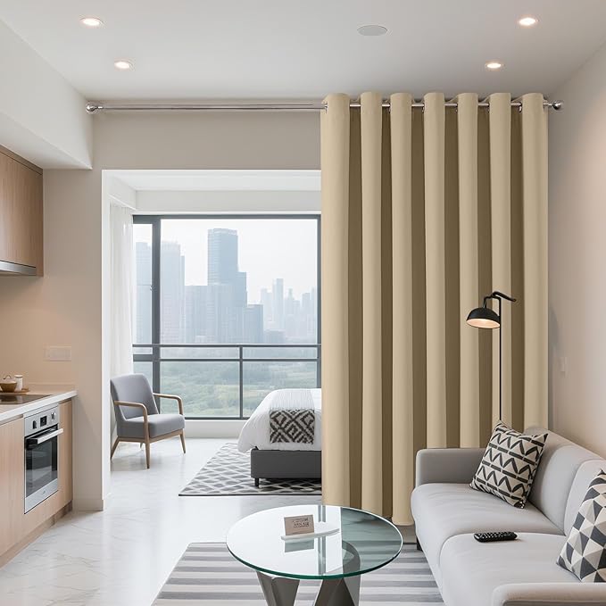 Joydeco Blackout Patio Sliding Door Curtains 96 Inches Long, Grommet Privacy Room Divider Curtains, Extra Wide Thermal Blackout Drapes for Bedroom Living Room (Light Beige, 80Wx96L, 1 Panel)