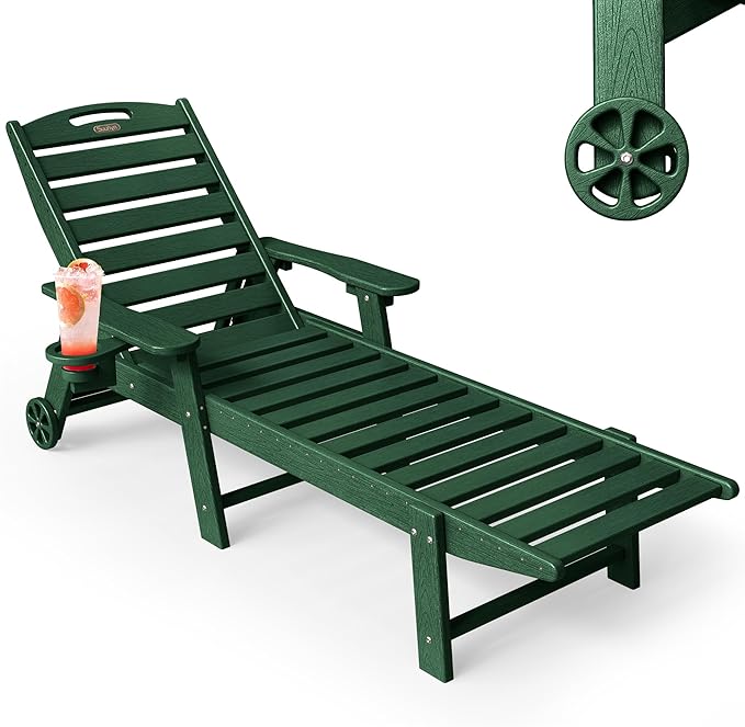 Chaise Lounge Outdoor, Lounge Chair Outdoor with Wood Texture, Adjustable 5-Position Backrest, HDPE Lounge Chair with Wheels & Cup Holder for Pool Deck Backyard, Green