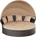 Outdoor Patio Daybed with Retractable Canopy, Wicker Rattan Sectional Round Sofa Furniture Set, 5 Pieces Seating Separates Cushioned Seats for Lawn Garden Backyard Porch Pool, Brown