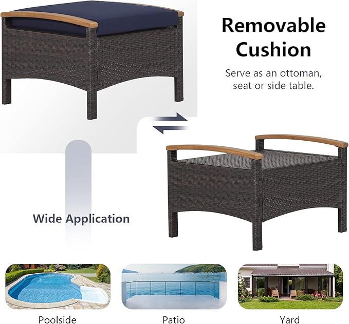 RELAX4LIFE Outdoor Wicker Ottomans for Patio - 2 Pieces PE Rattan Ottoman, Footrest Seat with Zippered Cushions, Acacia Wood Handles, 3-in-1 Footstool, Side Table for Poolside, Backyard (Navy)