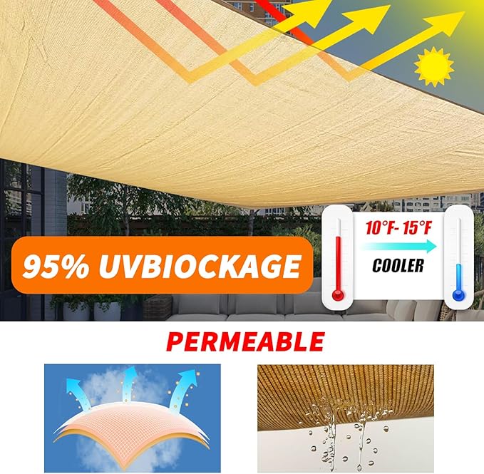 20' x 20' Sand Rectangle Sun Shade Sail Outdoor Canopy Awning UPF50+, 95% UV Blockage, Sunshade with High-Strength Steel Cable Edges for Outdoor Patio Garden Backyard