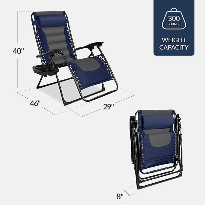 Best Choice Products Oversized Padded Zero Gravity Chair, Folding Outdoor Patio Recliner, XL Anti Gravity Lounger for Backyard w/Headrest, Cup Holder, Side Tray, Polyester Mesh - Navy/Gray