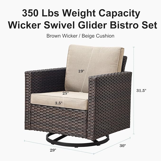 Belord Wicker Chairs Outdoor Bistro Set Oversize Patio Swivel Rocker, Rattan Outdoor Seating Set of 2 Swivel Glider Chairs Wicker Furniture for Porch Deck Backyard with Water-Resistant