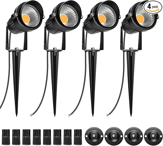 LightingWill 5W LED Landscape Lights, Warm White 3000K-3500K, Waterproof DC 12V COB LED Outdoor Wall Spotlight Low Voltage Garden Tree Spot Lighting for,Yard,Pathways,Fence (4 Pack)