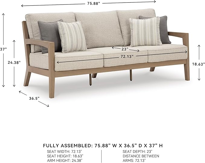 Signature Design by Ashley Hallow Creek Cottage Nuvella Weather Resistant Fabric Outdoor Sofa with Cushion and 4 Throw Pillows, Light Brown & Beige