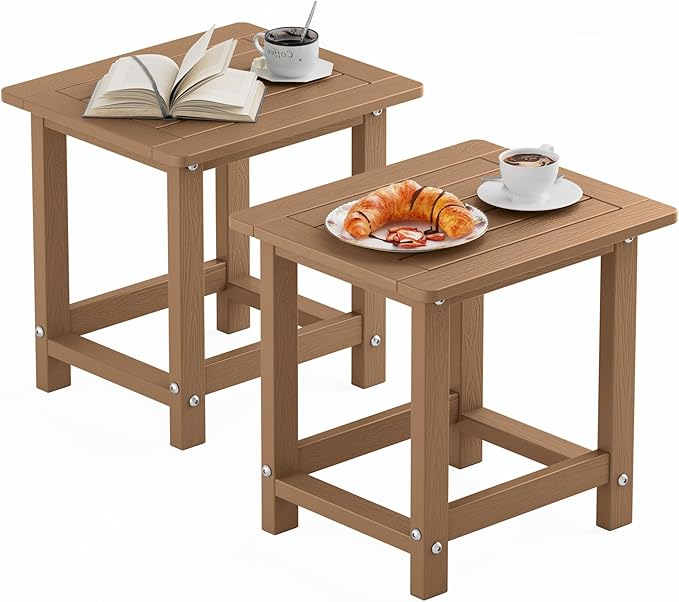 YEFU Outdoor Side Table for Patio: 16" HIPS Weather - Resistant Adirondack Tables Set of 2 - Small Square End Tables for Backyard Pool Porch Balcony - Indoor Outdoor Durable Table Teak
