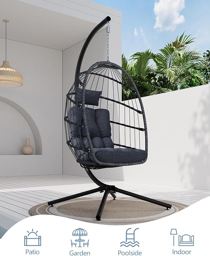 SWITTE Egg Chair Outdoor with Stand, Indoor Wicker Hanging Egg Swing Chair with Cushion, 350lbs Capacity for Patio, Bedroom, Garden - Dark Grey