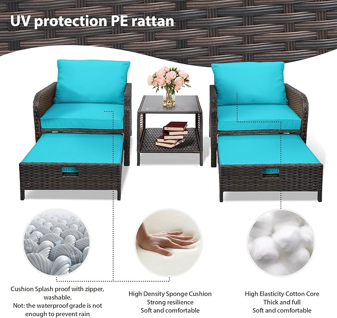 LEVELEVE Balcony Furniture 5 Piece Patio Conversation Set, PE Wicker Rattan Outdoor Lounge Chairs with Soft Cushions 2 Ottoman&Glass Table for Porch, Lawn-Brown Wicker