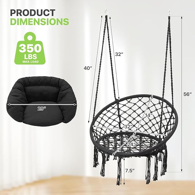 Magshion Hanging Hammock Chair with Cozy Full Cushion Offer Extra Support, Backyard Hanging Macrame Swing Chair for Porch, 350 Lbs Capacity, Comfortable Hammock for Relaxation and Enjoyment (Black)
