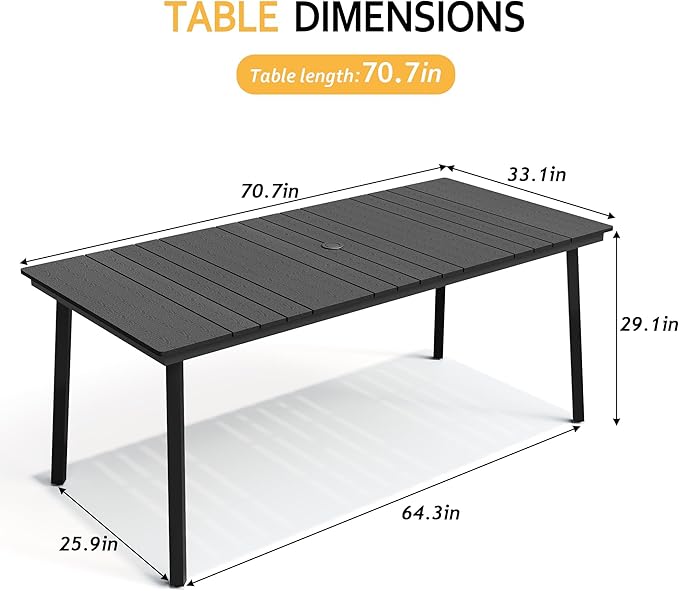 70 Inch Outdoor Patio Dining Table for 6 with Wood-Like Top & Umbrella Hole, Black All-Weather Deck & Backyard Table