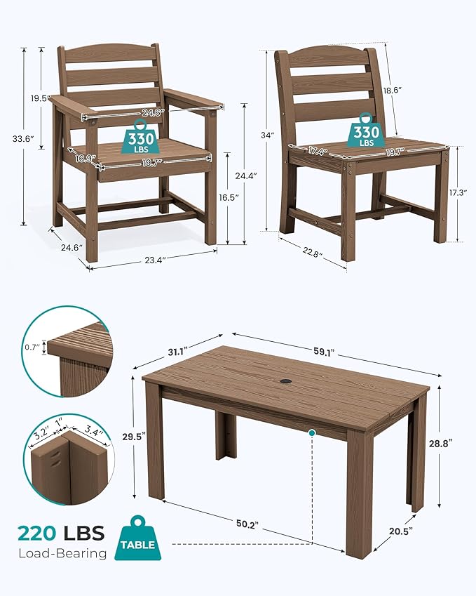 SERWALL Outdoor Dining Sets for 6, HDPE Dining Sets with 1 Umbrella Hole Cut-Out Rectangular Table and 4 Armless Chairs and 2 Armchairs, Patio Dining Sets, Brown