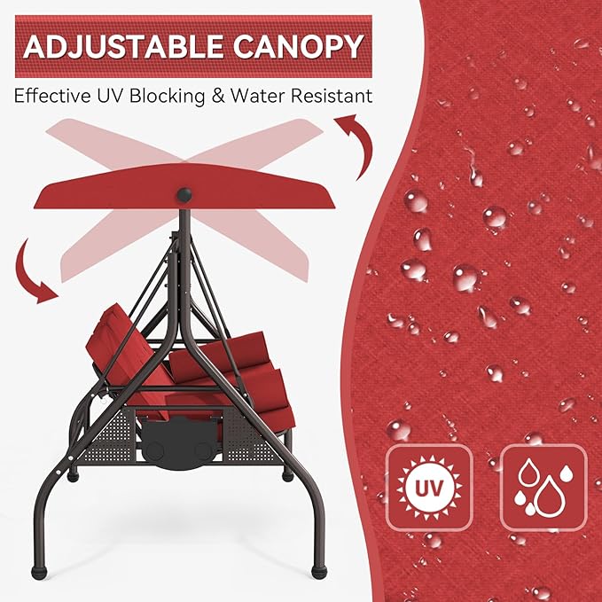 Oakcloud 3-Seat Outdoor Porch Swing,Large Converting Swing Chair with Adjustable Canopy,Patio Swing Glider with Thicken Cushions & Pillows for Poolside Balcony Backyard (Red)