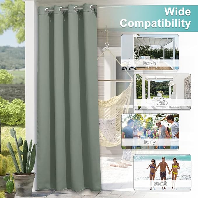 NICETOWN 2 Panels Sage Green Blackout Indoor & Outdoor Curtains for Patio Waterproof, Light Blocking Thermal Insulated Window Treatments for Front Porch/Canvas/Bathroom, W52 x L84
