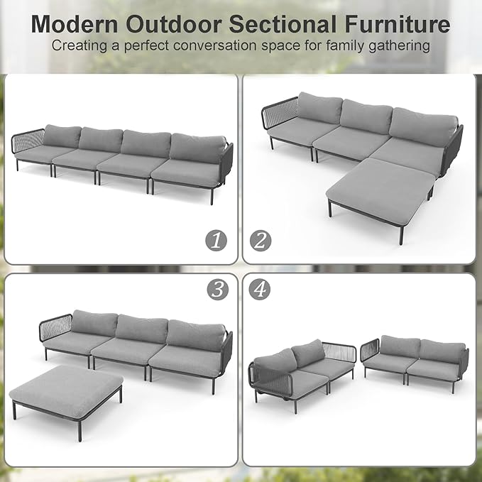 4 Piece Modern Outdoor Sectional Sofa, 31" Oversized Patio Furniture Set with Olefin Woven Rope, Weather-Resistant Metal Frame and Removable Cushion, Dark Grey